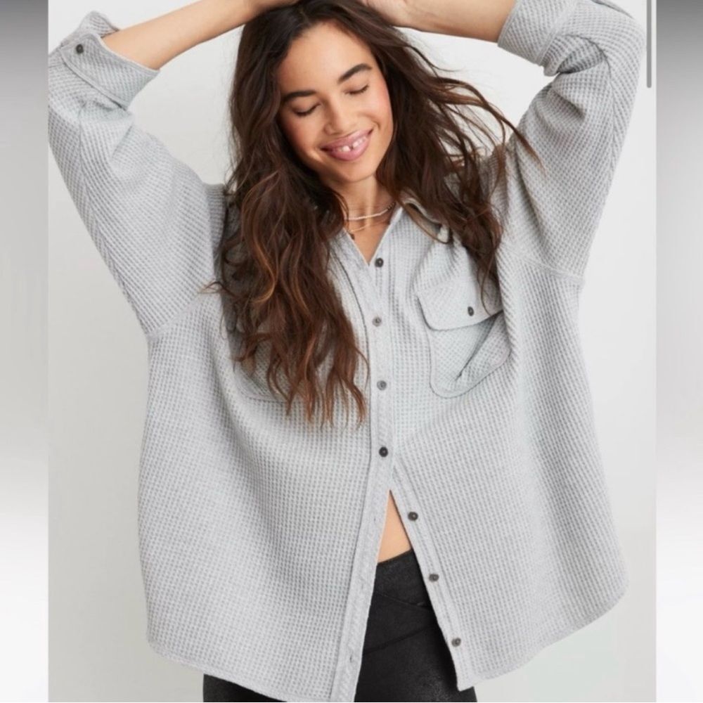 Aerie Lumber Jane Gray Waffle Shirt XS